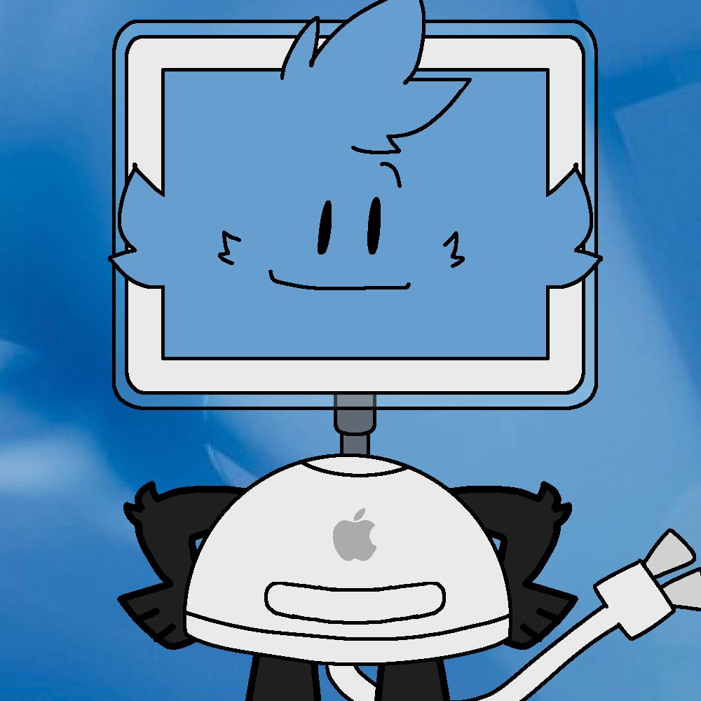 An iMac G4 with limbs, face and a tail standing there with a happy expression