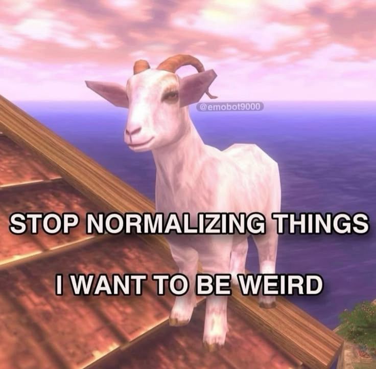 A white goat on a roof with the caption “STOP NORMALIZING THINGS I WANT TO BE WEIRD”. Meme source: @emobot9000