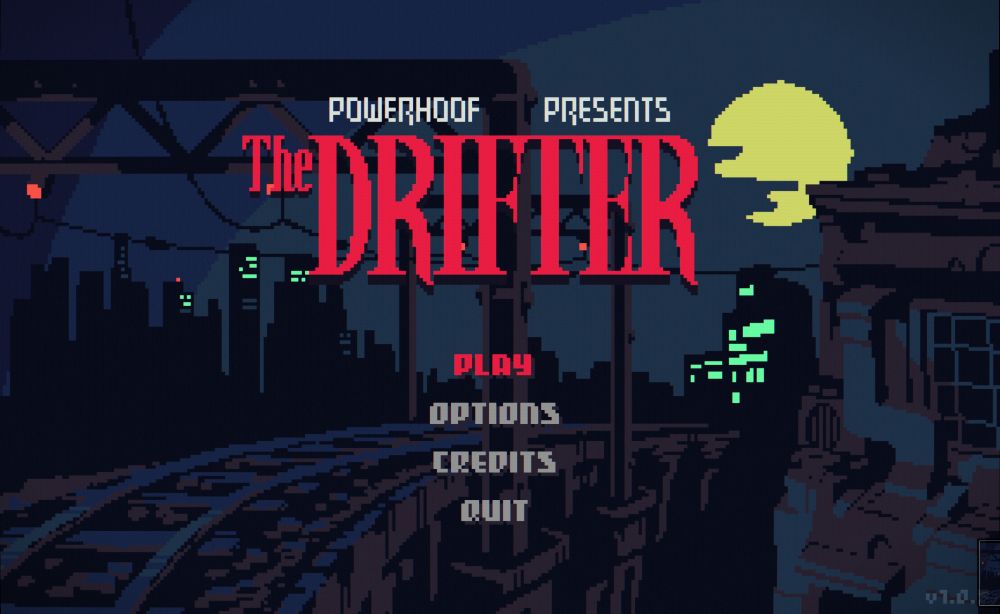 The main menu of The Drifter, a pixel art point and click adventure thriller, featuring train tracks at night with a yellow moon in the sky. The words read, "Powerhoof Presents The Drifter Play Options Credits Quit"