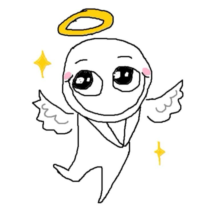 A doodle of a lil guy with a halo and angel wings looking cute, innocent, and grateful