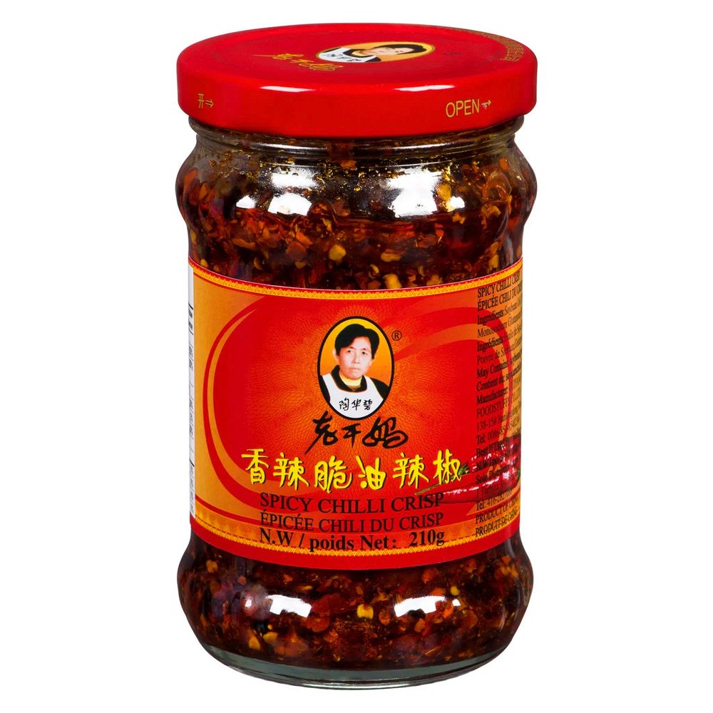 An image of a glass bottle of Lao Gan Ma Spicy Chili Crisp