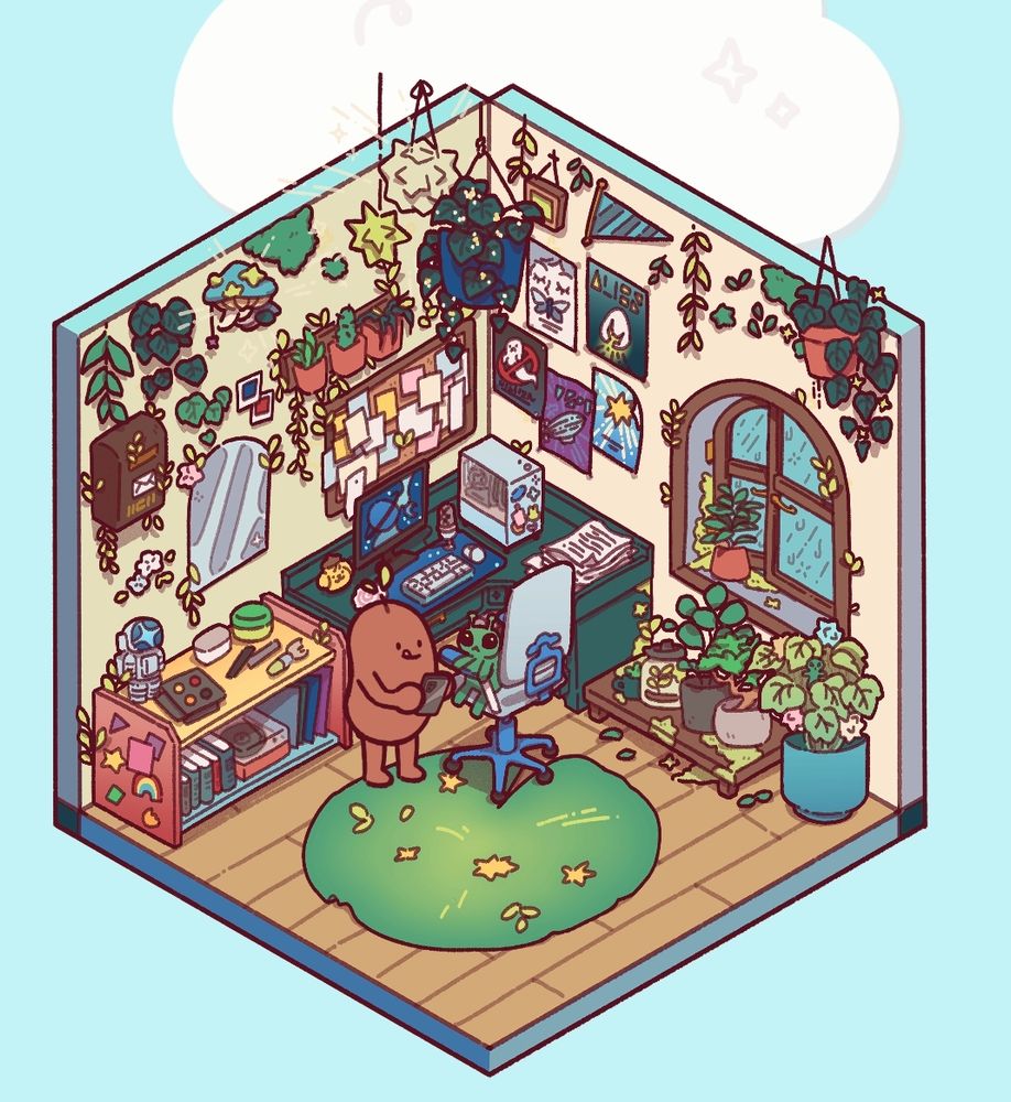 Screenshot of my bean in their little room which is decorated with such a mix of things idk where to even begin describing it. So many plants