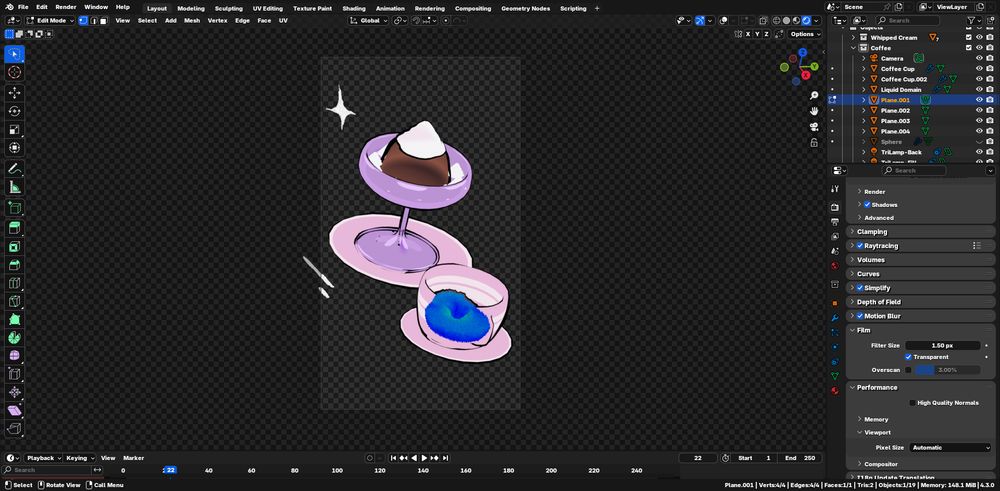 A screenshot of a coffee jelly 3d model and a liquid physics simulation
