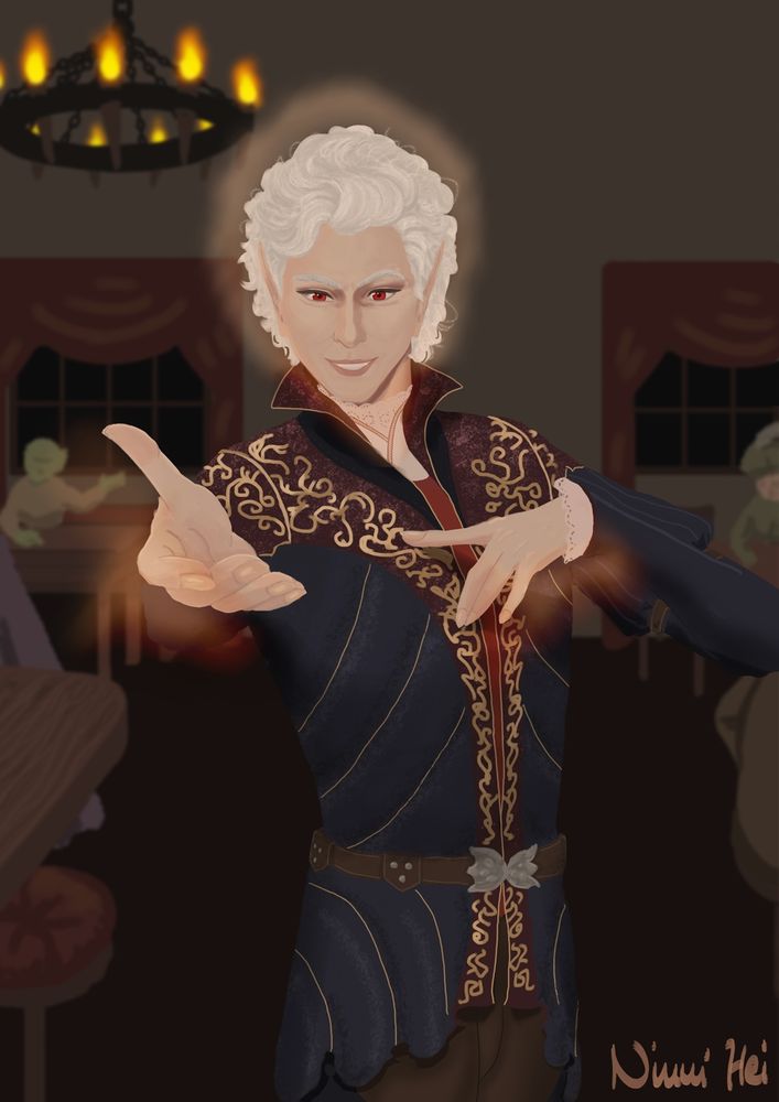 Astarion Fanart. 
You are in a tavern and he stands in front of you, holding out a hand for you to take it. His other hand is pointing to his chest. 
He made you drunk and is going to lure you back to the Szarr Palace so Cazador can feed on you. 

#myart #Astarion #BG3 #AstarionBG3 #BG3Astarion #Artistsonbluesky #ninnihei #tavern #blushingmermaid #elfsong #digitalart #AstarionFanart 