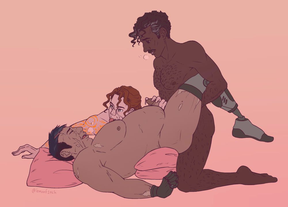 A nsfw illustration of Ortega, Arson (artist’s sidestep) and Steel from Fallen Hero having some fun. 