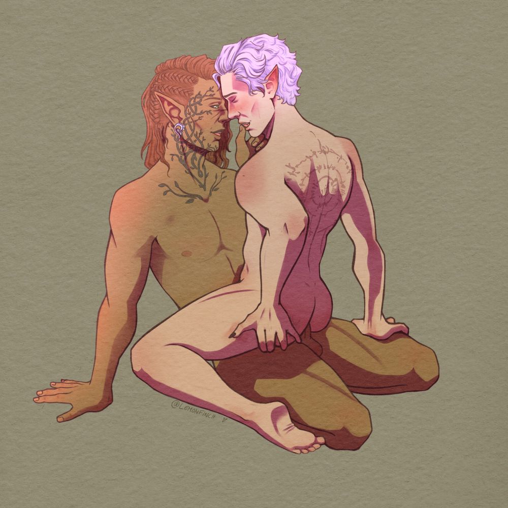 A digital illustration of Tav and Astarion having some fun together. Astarion is sitting on top of Tav, facing him. 