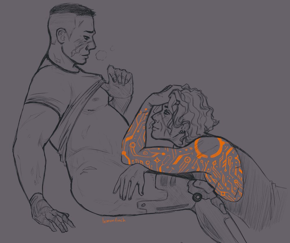 A suggestive sketch of Steel and Arson (artist’s sidestep) from Fallen Hero
