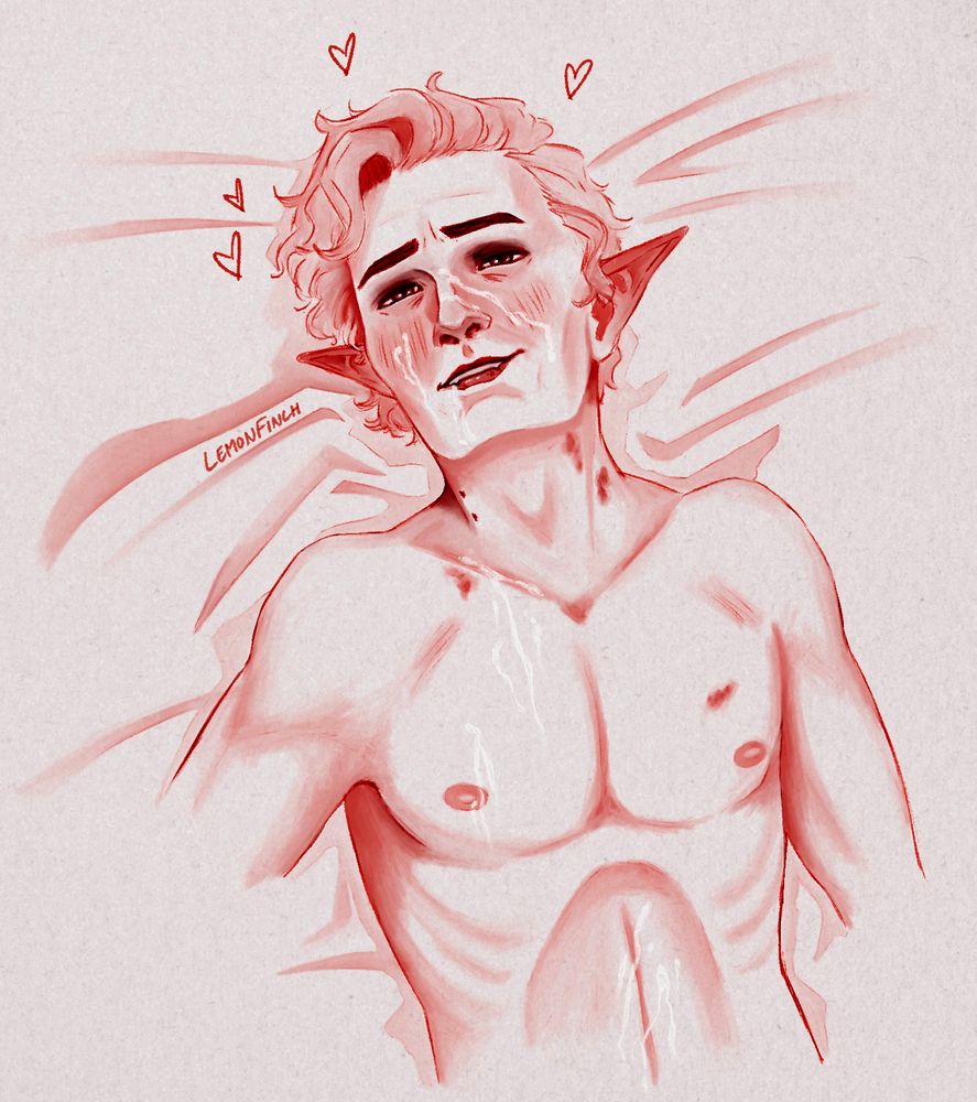 Digital nsfw illustration of Astarion from Baldur’s Gate 3. He’s on his back, with cum on his face and chest, looking at the viewer.
