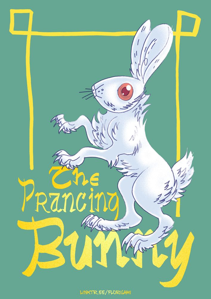 A digital illustration of a medieval style white rabbit. The text says "The prancing bunny" 