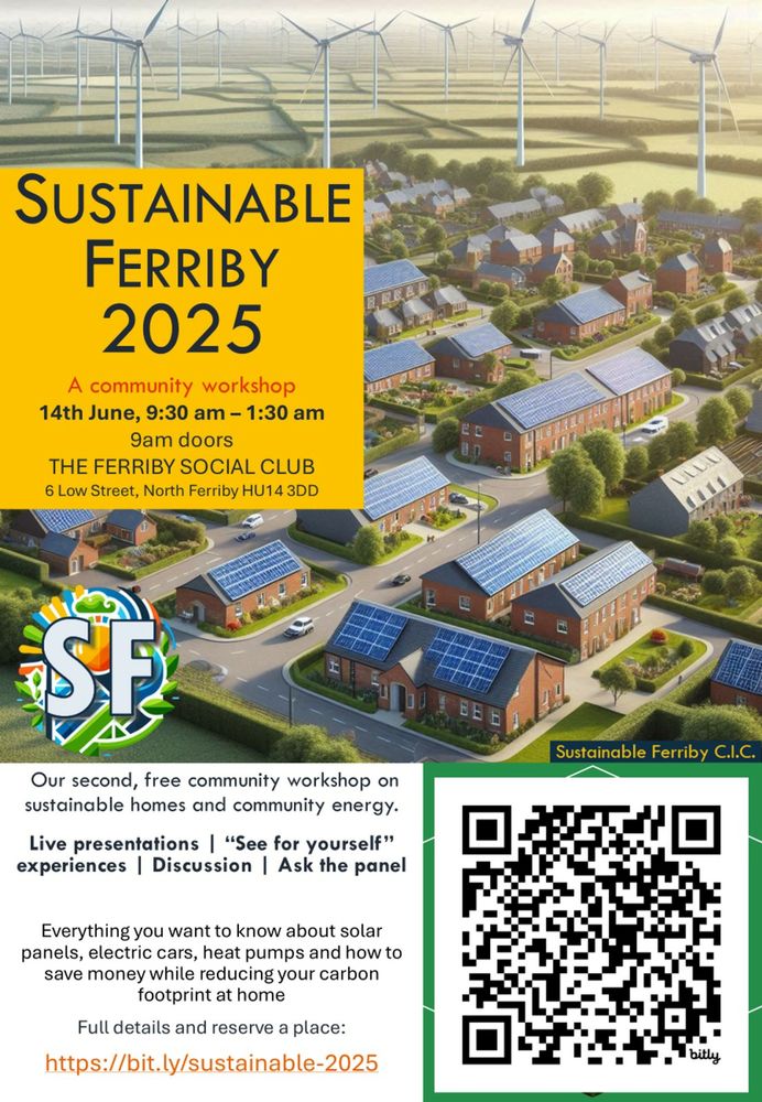 A poster for community workshop event with description and details, qr code, logo and a picture of houses covered in solar panels, wind turbines in the background.