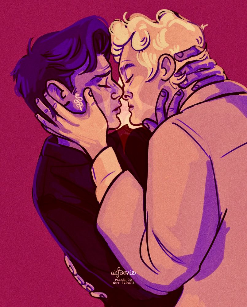 A drawing of Aziraphale and Crowley from good omens embracing. they look like they are about to kiss, and there is a starburst effect over their mouths. the drawing is rendered in purples and oranges and it is signed eefaevie. 