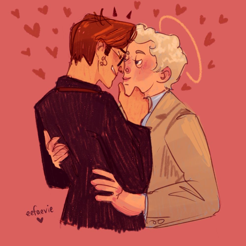 a drawing of aziraphale and crowley from Good Omens sharing an embrace. Crowley is holding Aziraphale’s chin and Aziraphale has his hands on Crowley’s waist. There are little cartoon hearts all around their heads. The drawing is signed eefaevie. 
