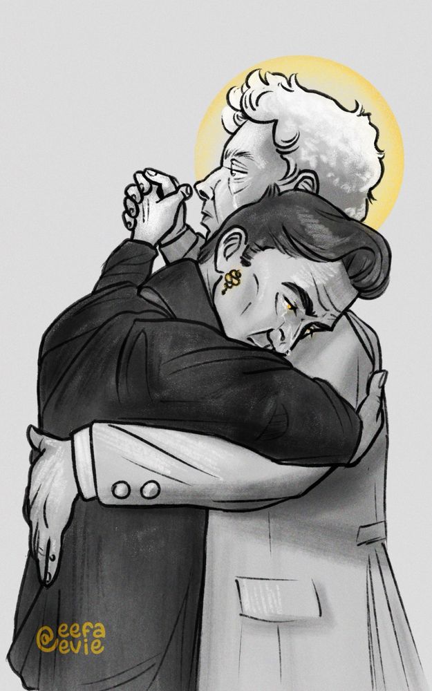 a drawing of aziraphale and crowley from Good Omens. they are dancing together, with clasped hands held up, their other arms wrapped around each other. Crowley's head rests on Aziraphale's shoulder; his face is pained and a tear slides down his nose. aziraphale is gazing stoically into the distance, but a tear streaks down his cheek as well. the drawing is rendered in grayscale, apart from Aziraphale's halo, and Crowley's eyes and demonic sigil, which appear to glow faintly in yellow. the drawing is signed eefaevie.