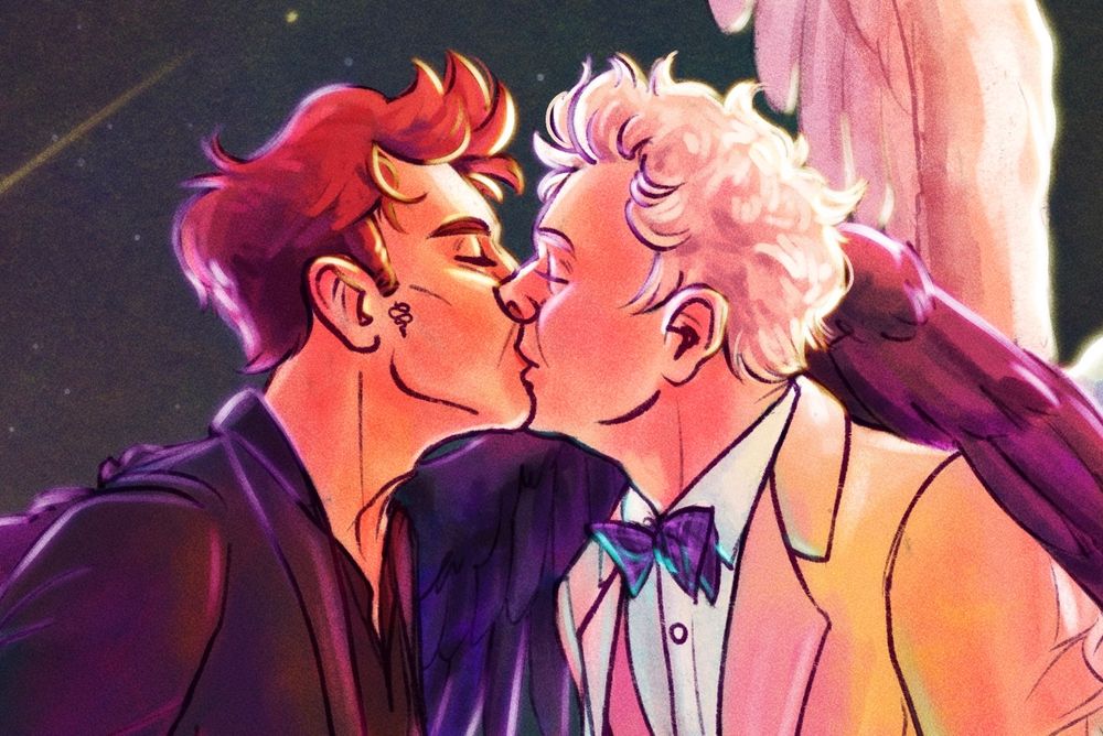 a crop of the originally posted image focused on aziraphale and Crowley’s kiss. 