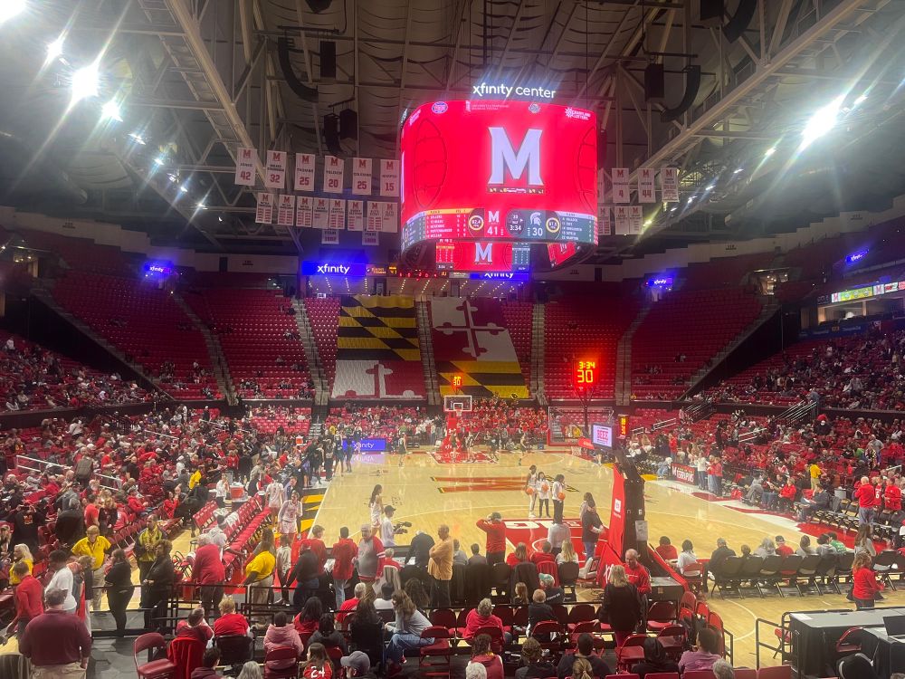 Maryland vs. Michigan State women’s basketball game on Dec. 29, 2024. The Terrapins lead 41-30 at halftime. 