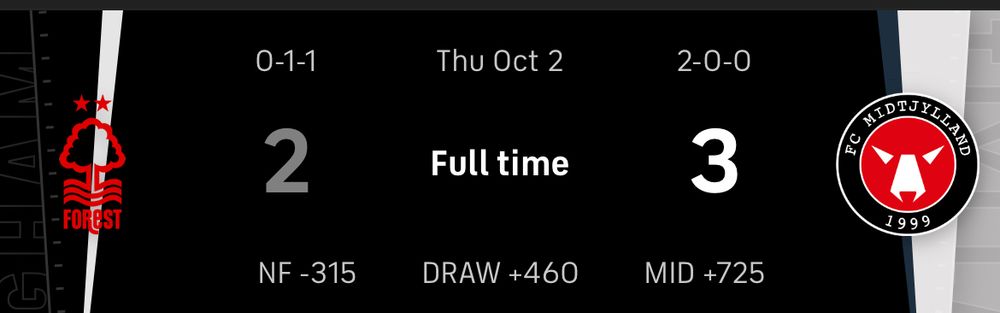 Screenshot of score from Europa League match between Nottingham Forest and Midtjylland with Forest losing 2-3