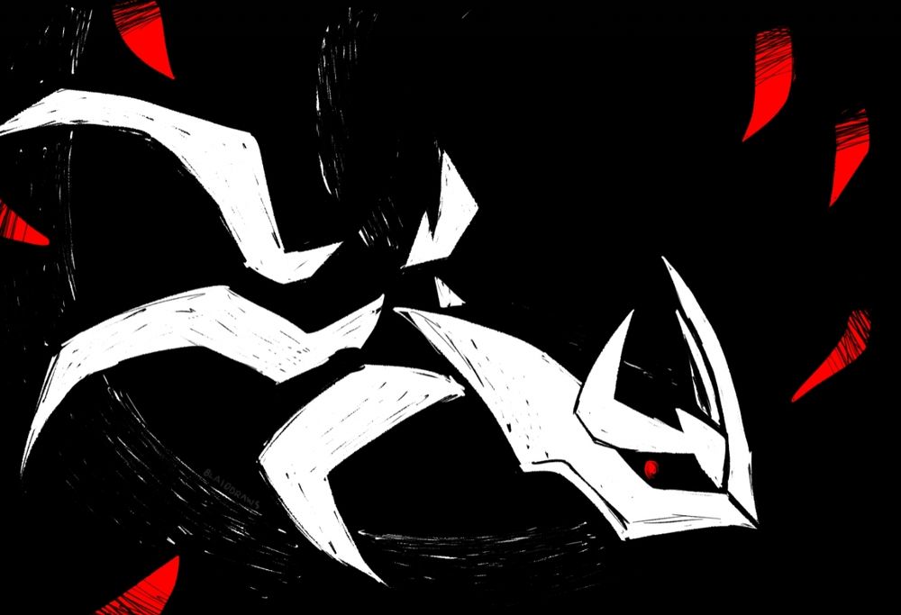 a black and white drawing of origin form giratina in a scratchy art style. the body is black like the background and is silhouetted by faint white traces. the eyes and claws are red