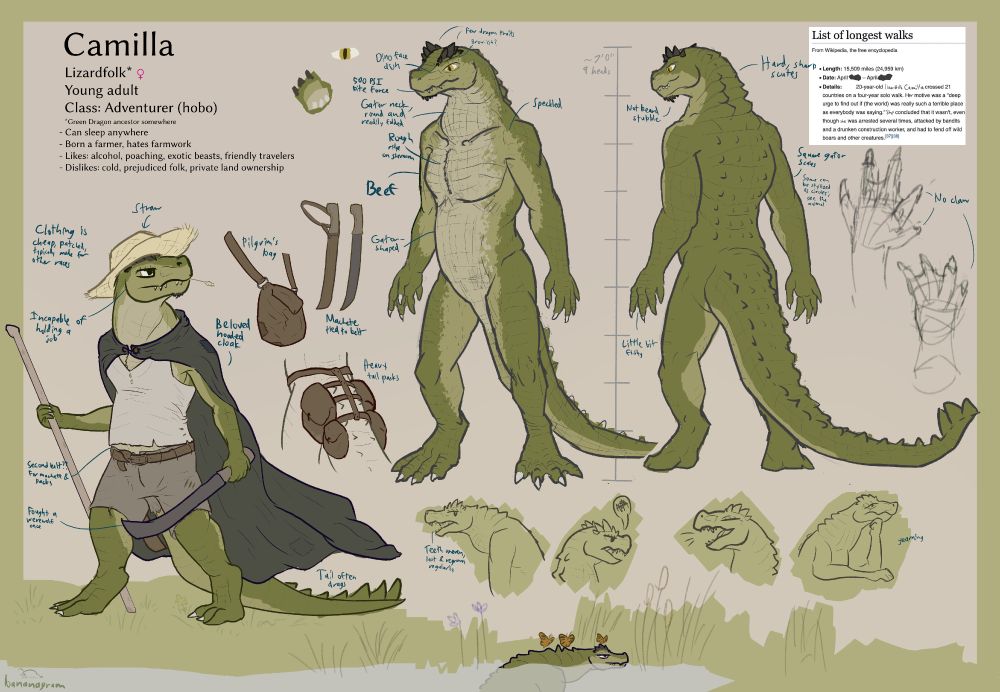 Refsheet for Camilla, a large lizardfolk with features resembling the American alligator. Apologies for my handwriting, if it's too small to read, try the fullsize version: https://i.imgur.com/i4q5LK3.jpeg 