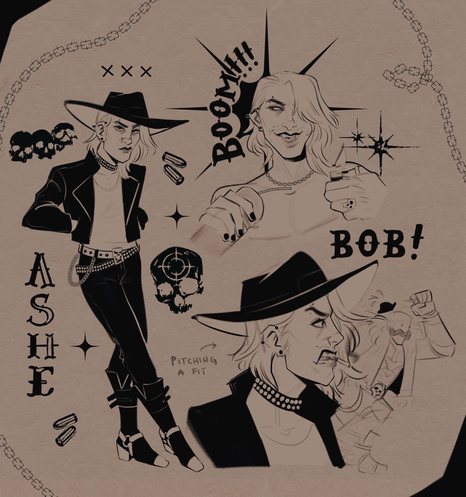 A sheet of sketches around the concept of a ftm / trans male version of Ashe from Overwatch 2. His hair is longer, looser, and more of a feathery shag than fem Ashe’s. He wears tight leather and a tight white tank top, the beginnings of facial hair growth visible via a vague mustache beginning to grow. 