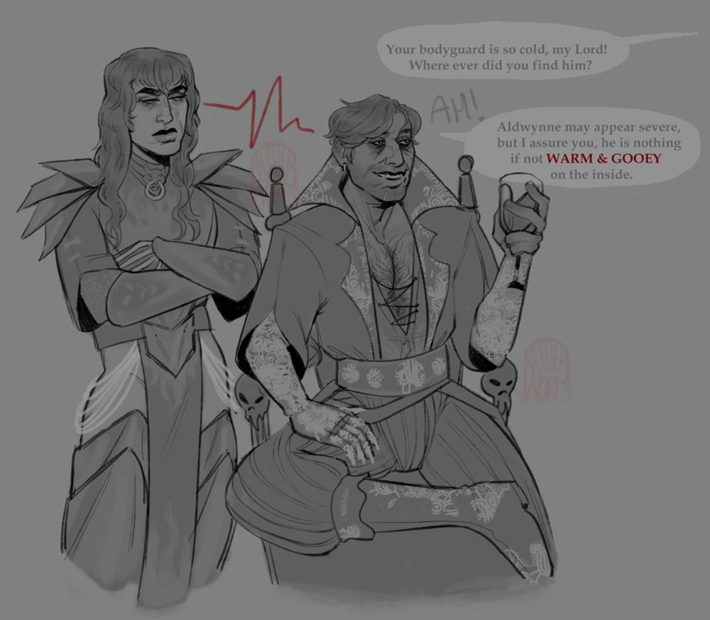 Aldwynne, the dark urge, stands beside a seated Enver Gortash with a severe expression. He wears a skimpy set of armor which reveals his thighs- and it appears the only thing covering his bare genitals is a long strip of cloth. The armor is ornate, and clearly commissioned for him by Gortash. If Gortash is aware of the look durge is shooting him, he is unbothered, all smiles and laughter in his throne as he converses with an off-screen courtier. “Your bodyguard is so cold, my lord!” The courtier calls. “Where ever did you find him?” 

“Ah!” Gortash begins in response,  raising his goblet of wine. “Aldwynne may appear severe, but I assure you, he is nothing if not WARM AND GOOEY on the inside.” It almost seems as if Gortash is laughing at some private joke. 