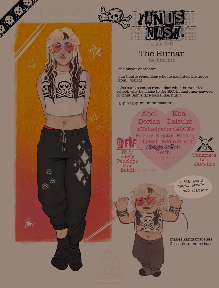 YAN IS NASH
a.k.a Y/N
The Human he/him/his
- the player character
- can't quite remember who he inerhited the house from. weird!
- also can't seem to remember when he went to school, why he chose to get BEA in customer service, or what Sam's face looks like. huh!!
- gay. so gay. mmmmmmeennn,,,,