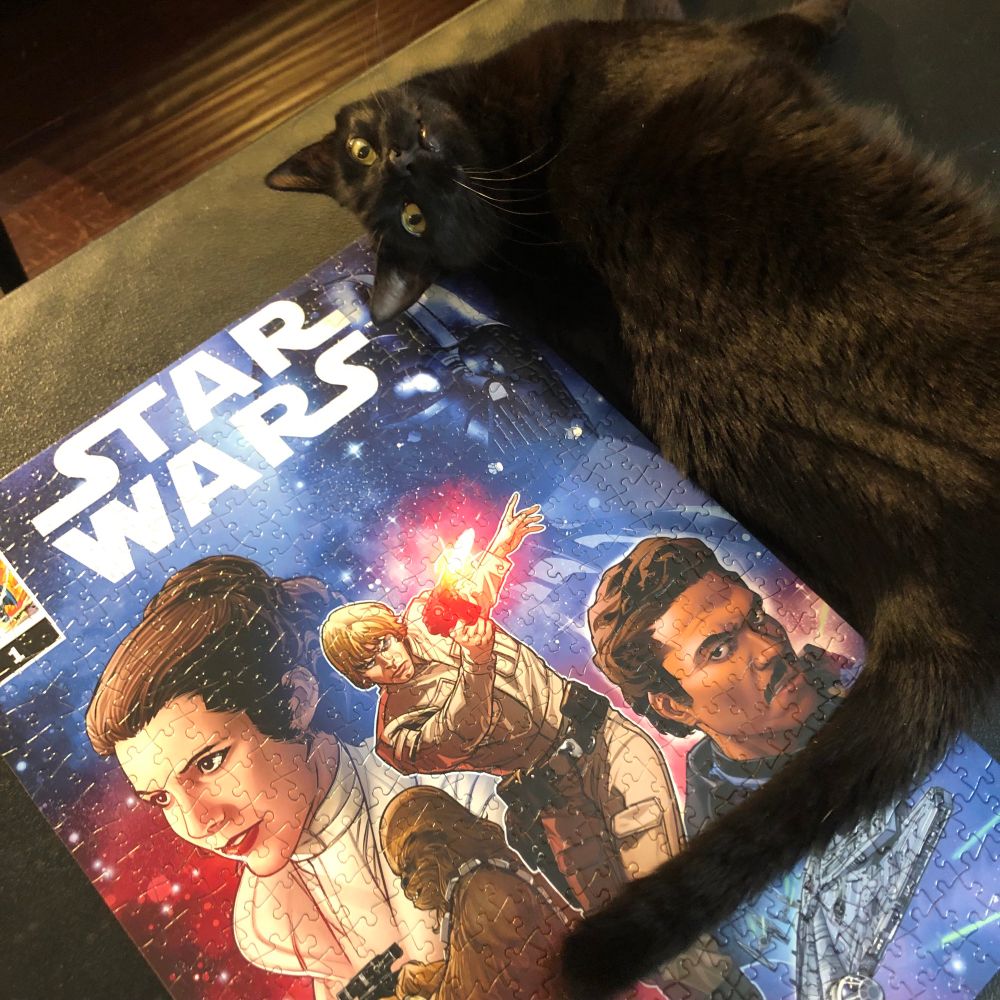 completed star wars jigsaw puzzle. a black cat is also on the table. 