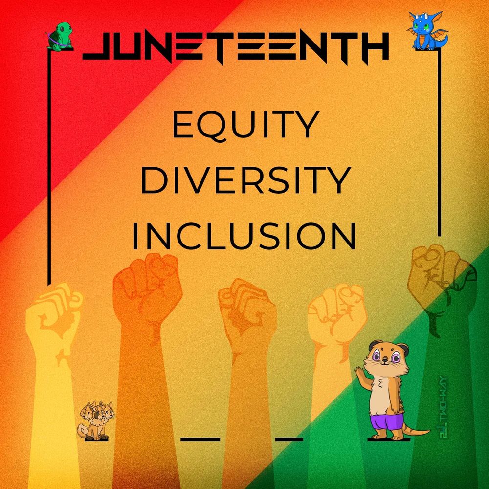 An image that says Juneteenth. Equity, diversity, inclusion. It has a red/yellow/green abckground and raised fists.