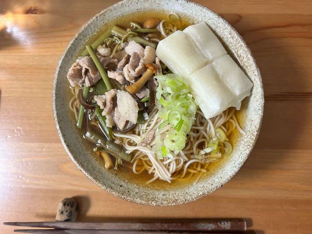 夜ごはん:山菜肉そば、餅入り