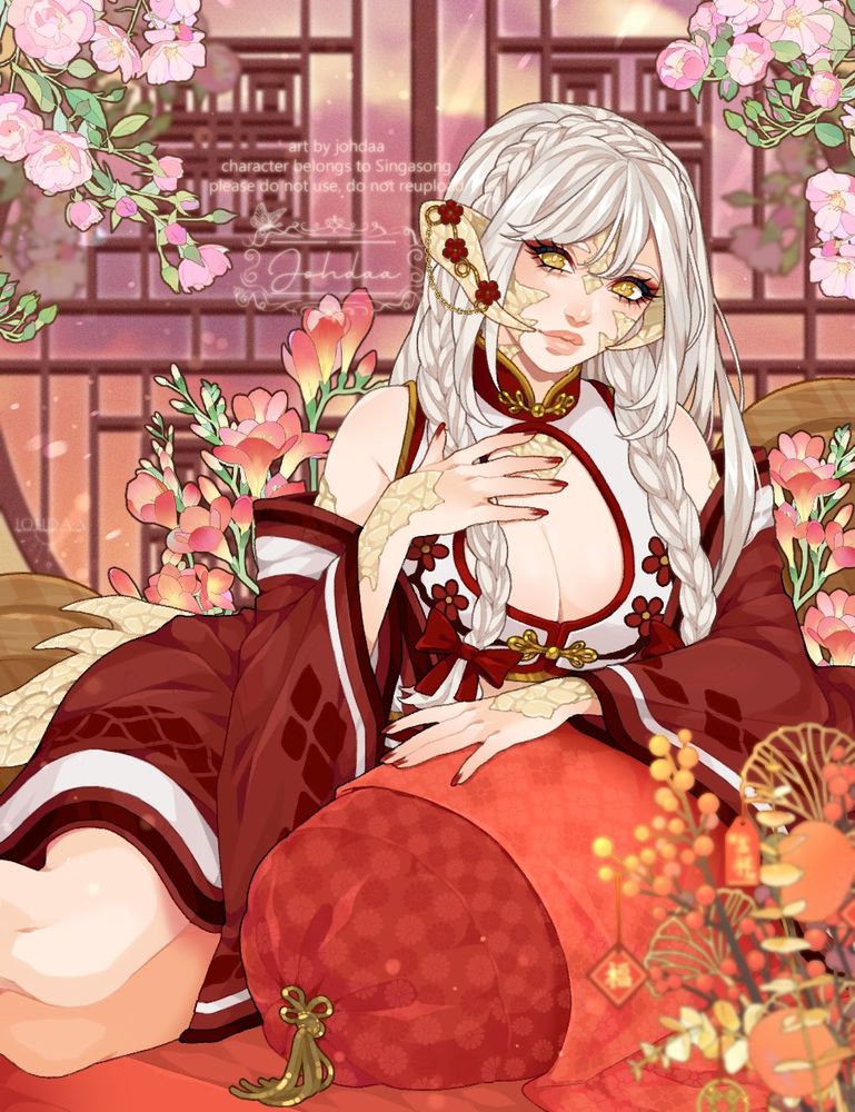 knee-up digital artwork featuring a long white-haired feminine-looking character, she is an Au Ra (draconic race from the game FF14), she has white-ish horns on the sides of her head, scales on her body and a scaly tail.
She wears a red and white kimono with geometric & floral patterns. She looks serene as she is laying on a red sofa, the upper part of her body rests on a big red pillow. 
Pink flowers surround her and in the background, there is a big, round wooden window with a sunset sky.