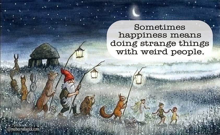 A procession of fantastic and real creatures carrying lanterns on sticks, at dusk, in a light snowfall, walking past a megalith with the caption "sometimes happiness means doing things with weird people" 