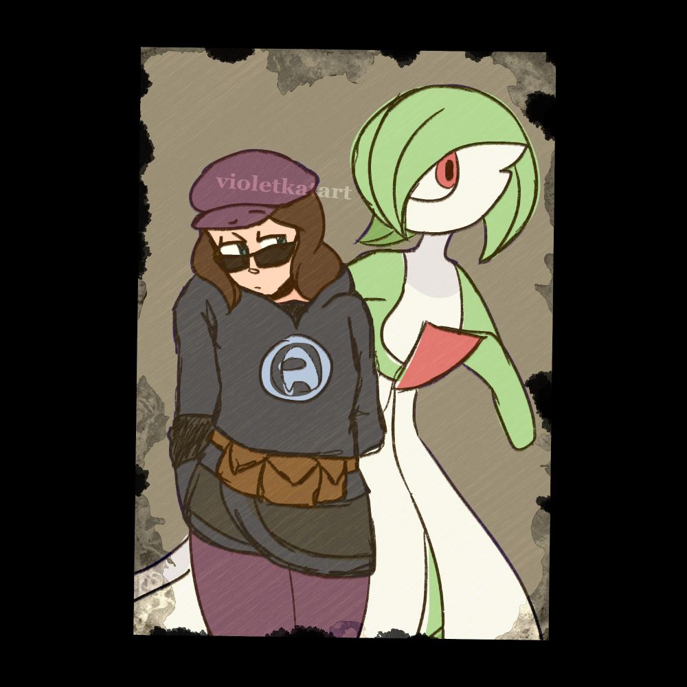 a drawing made to look like a tattered photograph of trainer vio with a gardevior. vio is wearing bigger sunglasses and appears closed off, sinking their head in their shoulders and grabbing their arm from behind them. the gardevior stands behind them protectively.