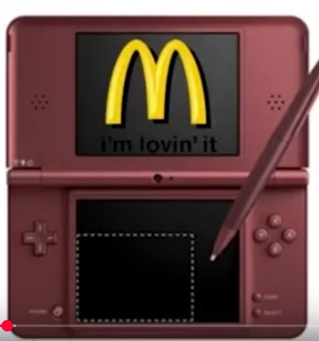 a photo of a red nintendo 3DS with the McDonald's yellow M on it's screen.