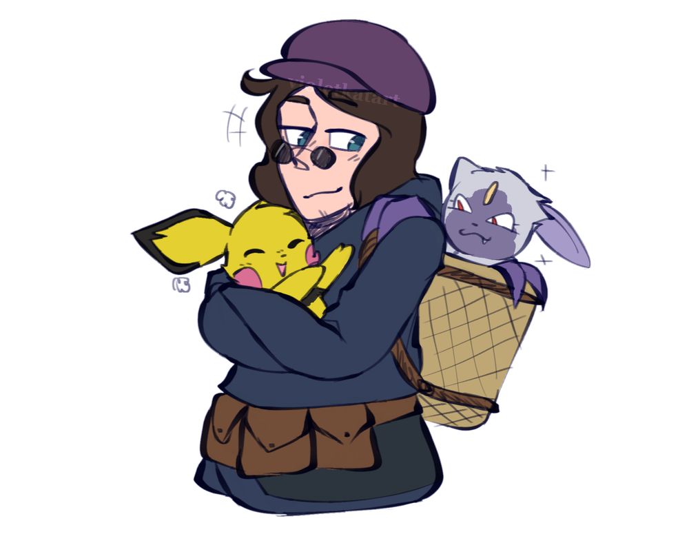 a drawing of Pokemon trainer Vio, carrying a pichu in their arms and looking at a Hisiuan Sneasel hiding in a basket on their back. Vio is a young person with medium brown hair and blue eyes, and is wearing a purple flat cap, tiny circular sunglasses, and a standard Diamond Clan outfit with a pouch belt