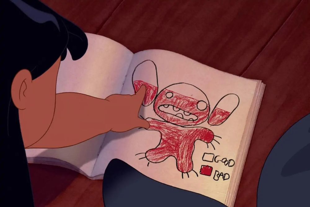 screenshot from lilo and stitch of a lilo pointing to a drawing of stitch’s “badness level” he’s 80% bad according to the drawing 