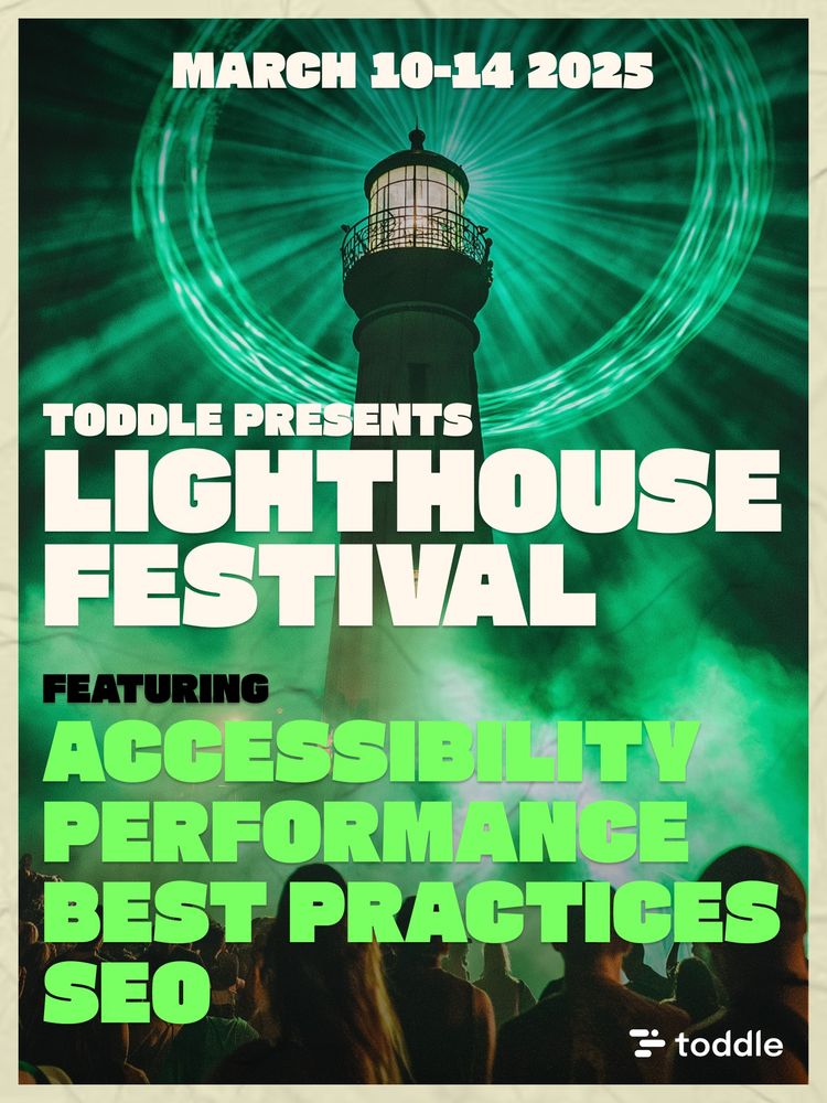 A poster introducing "Lighthouse Festival"—a week-long event focusing on Accessibility, Performance, Best Practices, and SEO in web app development held by the company toddle.