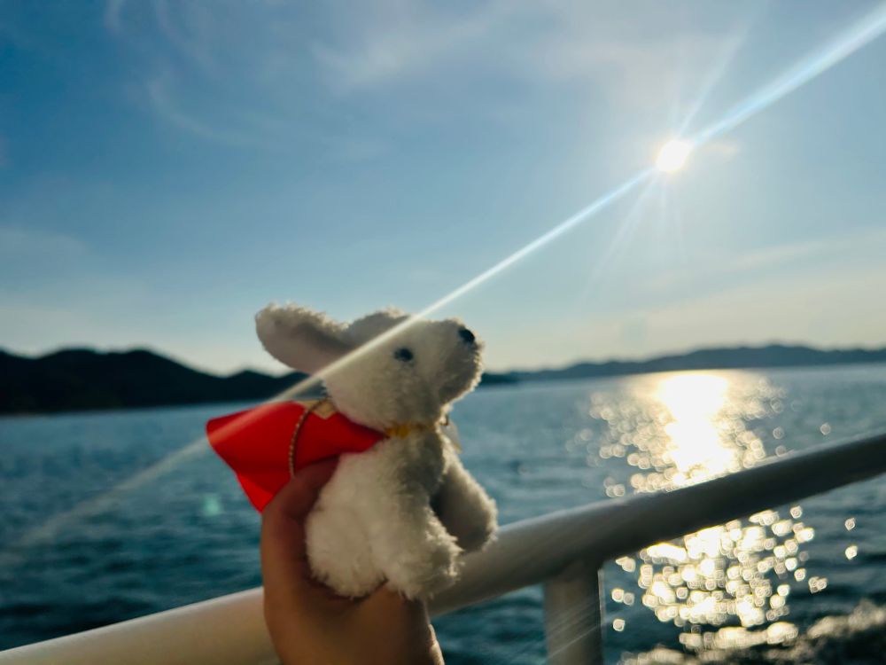 フェリーに乗って海をバックにクリプト(スーパーマンに出てくる犬)のぬいぐるみをかかげた写真。潮風にクリプトの赤いマントがたなびいている。海の向こうには対岸の島が見える。