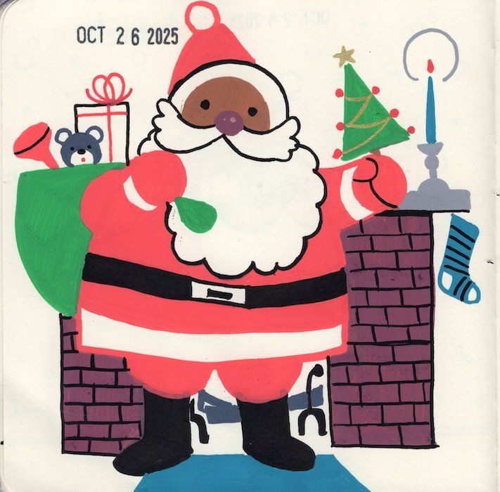here is another cute santy claus. he is holding his santa's bag in his right hand and it has a red trumpet, a teddy bear, and a wrapped package. in his left hand he is holding a mini christmas tree. he stands in front of a hearth with a stocking hung and a candle on the mantel.