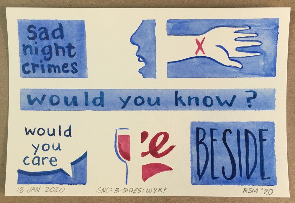A watercolor Sad Night Crimes comic in blue and red: A person in profile with an open mouth; a hand on a blue field with a red X across the wrist; blue text on a lighter blue background: "would you know?"; a word bubble that asks, "would you care"; a side view of half of a glass of red wine; a lowercase letter "e" in red with a flourish beneath it; blue text on a lighter blue background: BESIDE.
