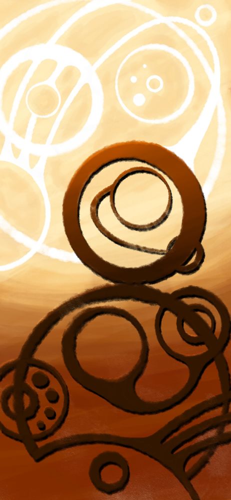 A digital painting of three words in Circular Gallifreyan. It’s stylized so the first word circle at the top looks like a bright yellow sun shining down on the other two, which are reddish-brown like the planet’s surface. The painting is bright yellow-white around the sun with increasing red-brown shadow towards the bottom.