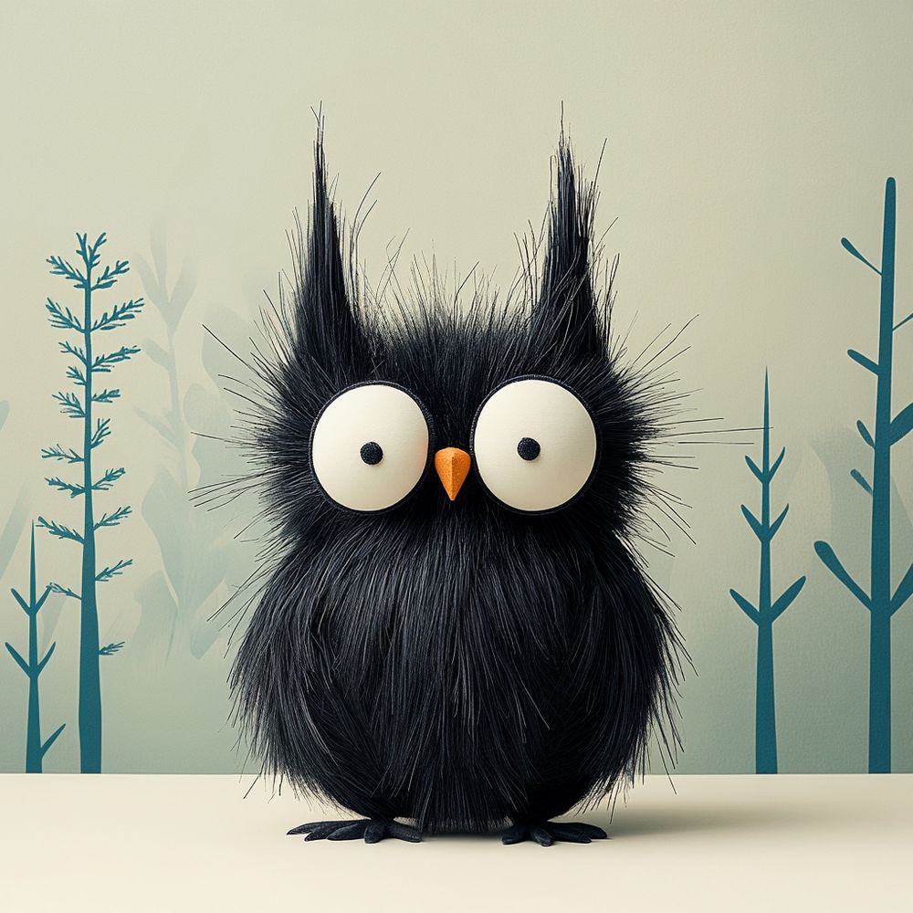 plush dark grey owl in front of forest pattern