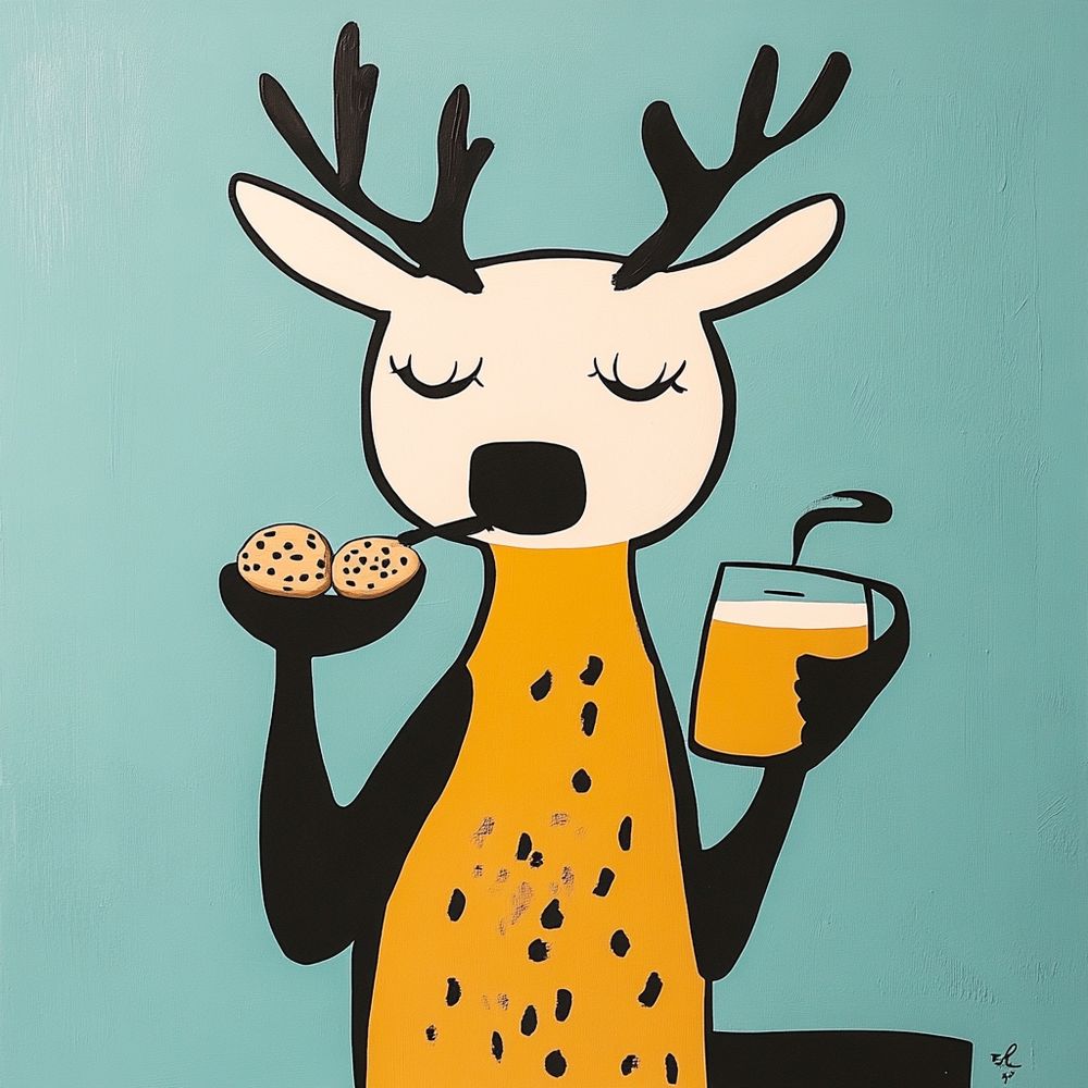 cartoon of a happy joyful reindeer eating chocolate chip cookies and milk