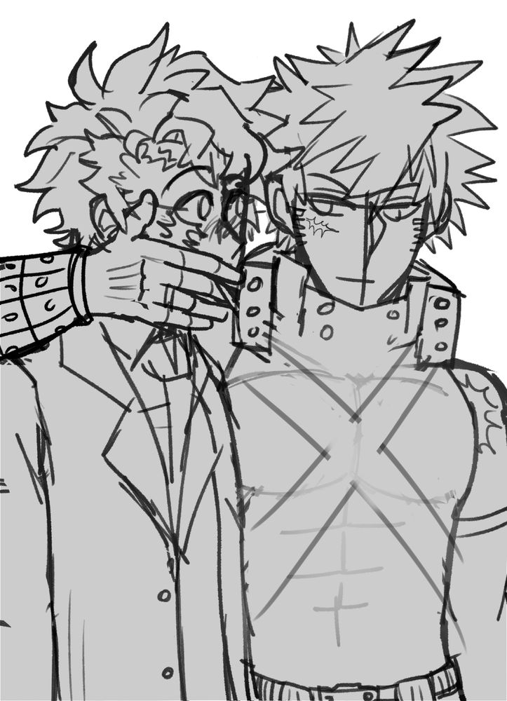 Pro-Hero Dynamight wrapping an arm around a flustered Izuku-sensei's shoulder with his hand over Izuku's mouth. Dynamight has a wedding ring and is putting a cigarette in Izuku's mouth.