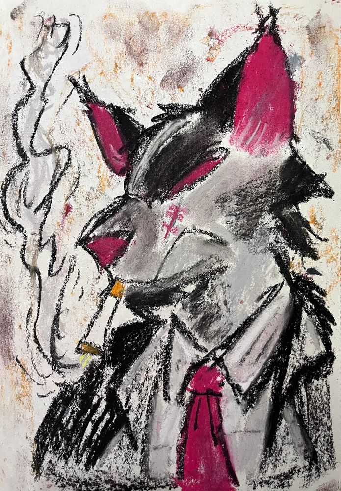 Pastel drawing of a grey wolf with hot pink eyes, nose, and ears in a suit and pink tie smoking. He has a scar across his muzzle and wears a tough expression.