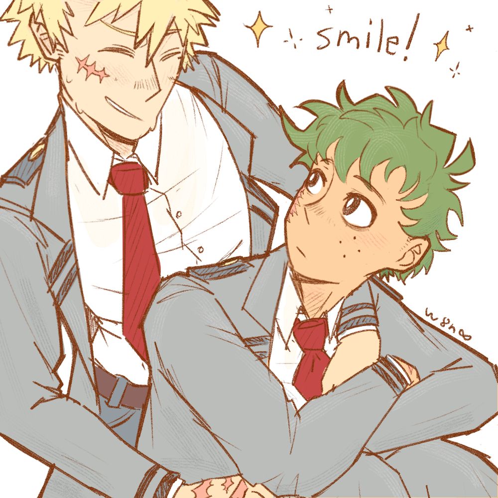 Post-war Katsuki kneels and hugs Izuku from behind with an encouraging but awkward, restrained smile. Izuku looks unphased, looking up at him with his arms resting on his knees.