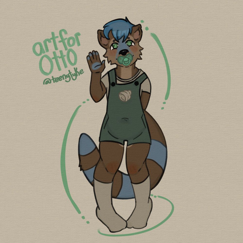 Digital drawing of an otter wearing green shortalls with a seashell design, beige shirt, beige socks, and a green pacifier. 