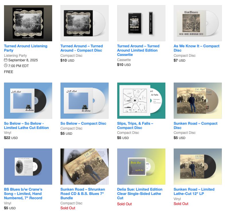 A screen grab of my merch page on Bandcamp. A variety of CDs and a couple of records are listed. 