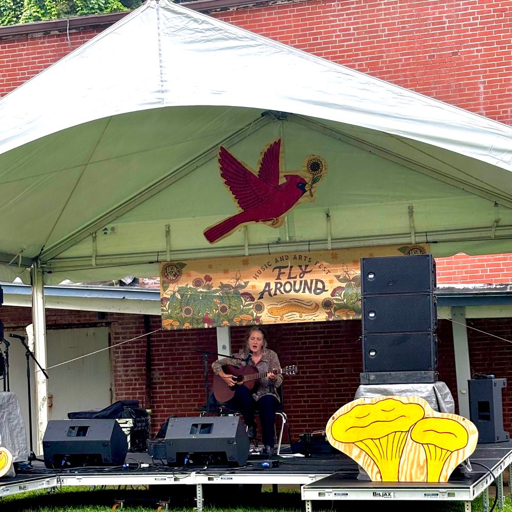 Myriam Gendron onstage at the Fly Around Festival, as the banner behind her would indicate. She is seated with an acoustic guitar and singing.