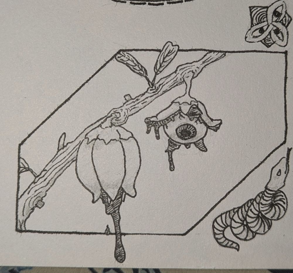 The main piece is a branch from a tree reminiscent of an apple tree. There are some leaves growing out of the branch, and two ripe fruits hang there. Instead of apples, these are fleshy petals containing eyes. The rear fruit has fully revealed it's core, while the other one is just opening up. Both fruits ooze a thick, blood-like fluid.

Above the branch drawing is a shape similar to a Celtic knot but three eyes meeting in the middle. Below is a snake curling in on itself.