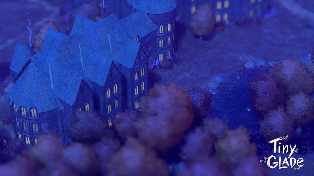 An aerial shot of a Tiny Glade build, modeled after a 19th century mental asylum. This shot shows one of the wings of the building at twilight, next to a pond.