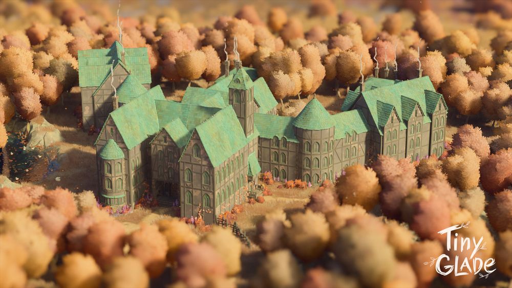 An aerial shot of a Tiny Glade build, modeled after a 19th century mental asylum.